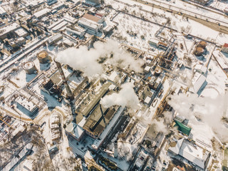 aerial view of smog pollution from city factory