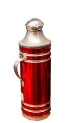 Red Thermos bottle the old heat, white backdrop.