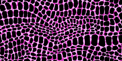 Vector seamless pattern with exotic crocodile or alligator skin. Pink and black colored leather wallpaper. Animalistic background. © InnaPoka