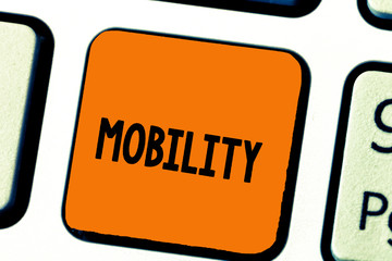 Writing note showing Mobility. Business photo showcasing ability to move or be moved freely easily adaptability flexibility.
