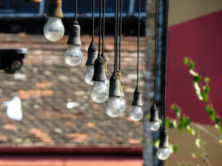 Hanging light bulbs in terrace of abandoned caffe.