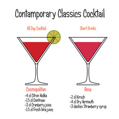 Cosmopolitan cocktail and rose cocktail vector recipe
