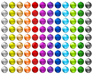 Colorful christmas baubles. Color spectrum of christmas balls isolated on white background. Photorealistic high quality vector.