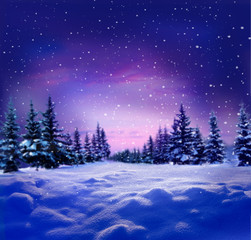 Fototapeta na wymiar Beautiful winter night landscape with snow covered trees.Christmas background . Happy New Year greeting card with copy-space.