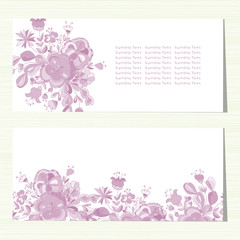 Horizontal template with envelope. Cards, invitations, banner. Purple flowers.