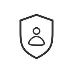 Privacy icon, flat shield with person silhouette symbol, personal protection sign, authentication security icon, secure confidentiality label.