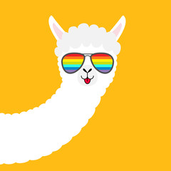 Alpaca llama animal face in rainbow glassess. Cute cartoon funny kawaii character. Fluffy hair fur. T-shirt, greeting card, poster print. Childish baby collection. Flat design. Yellow background. © worldofvector