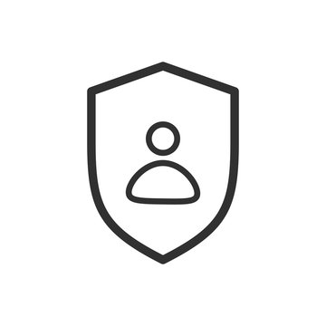 Privacy icon, flat shield with person silhouette symbol, personal protection sign, authentication security icon, secure confidentiality label.