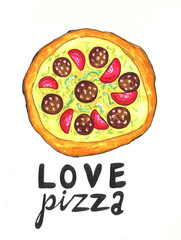 Hand drawn pizza italy fast food tomato cheese lettering calligraphy menu