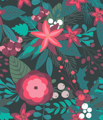 Fototapeta premium Christmas vector seamless pattern with flowers and branches