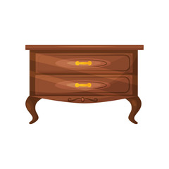 Classic chest of drawers with golden handles. Furniture for bedroom. Wooden commode. Object for home interior. Flat vector icon