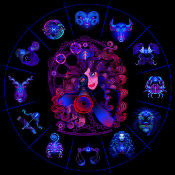 Neon horoscope circle with signs of zodiac. Set astrology signs. Sagittarius.