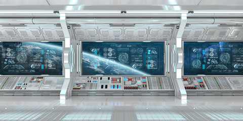 White spaceship interior with control panel digital screens 3D rendering