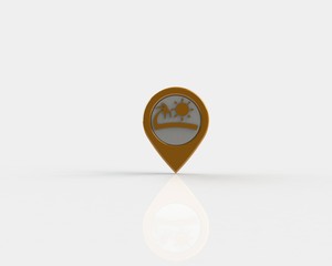 LOCATION pin glossy orange arrow. The concept of tagging a sign landmark needle tip to create a route search. Isolated on white background 3D rendering 3D.
