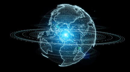 Globe network hologram with America Usa map 3D rendering