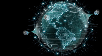 Globe network hologram with digital connection 3D rendering