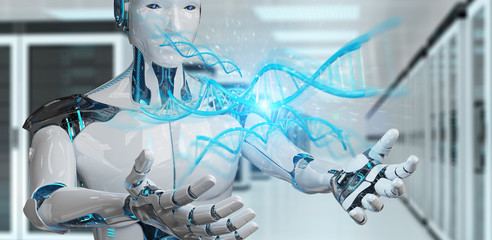 White male cyborg scanning human DNA 3D rendering