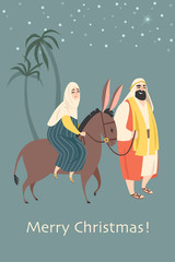 Christmas card in retro style with the holy family going to Bethlehem