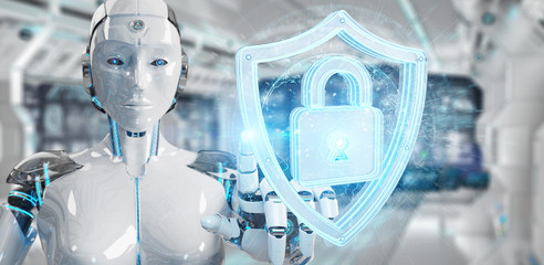 White woman humanoid using web security 3D rendering