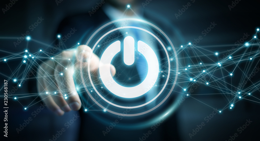 Aufkleber businessman using 3d render power button with connections