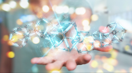 Businesswoman using digital blue Blockchain 3D rendering