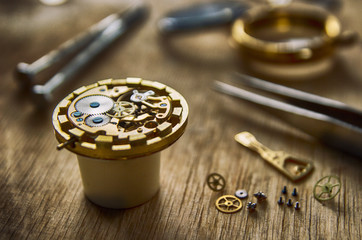 Watchmaker's workshop, watch repair, special tools for watch, background