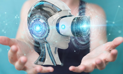 Businesswoman using virtual reality and artificial intelligence 3D rendering