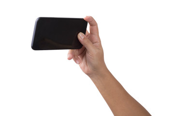 Hand gesture hold and using phone isolated on white background
