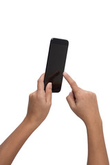 Hand gesture hold and using phone isolated on white background