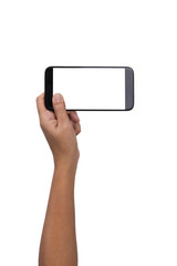 Hand gesture hold and using phone isolated on white background