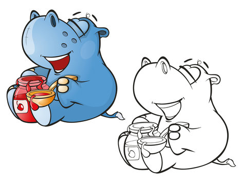  Illustration of a Cute Little Hippo Cartoon Character. Coloring Book. Outline 