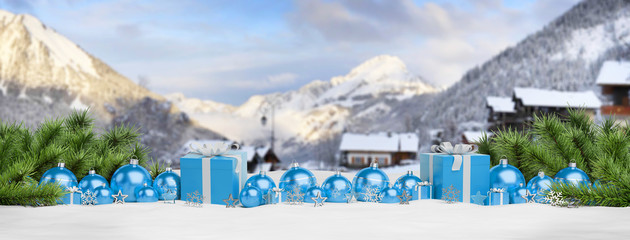 Blue christmas baubles and gifts lined up 3D rendering