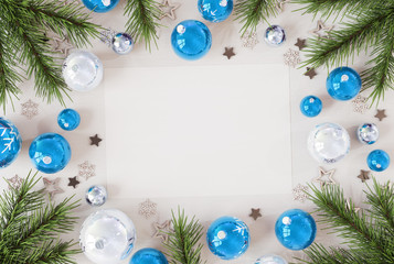 Christmas card mockup with blue baubles 3D rendering