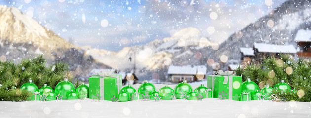 Green christmas baubles and gifts lined up 3D rendering