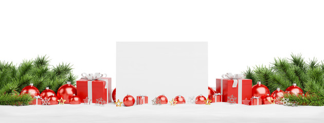 Blank Christmas card laying on red baubles and gift 3D rendering