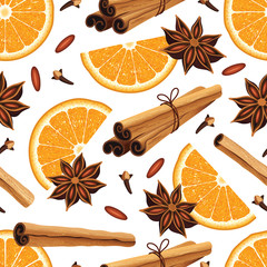 Seamless pattern with anise stars, oranges, cinnamon sticks