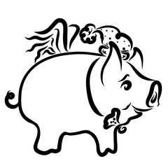 Joyful little round winged pig in a hat and bow tie