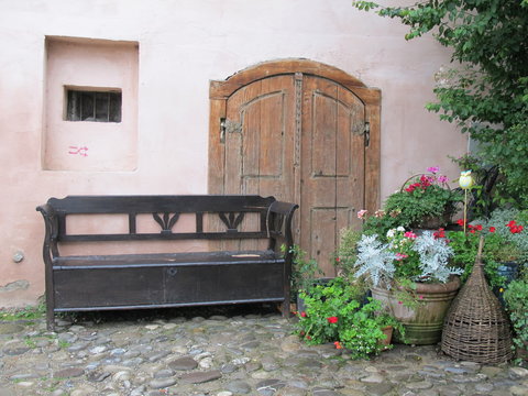 old wooden door with flowers