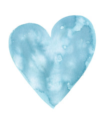 Simple abstract light blue heart painted in watercolor on clean white background