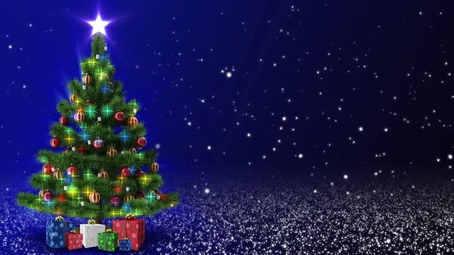 Christmas Tree Background with Presents and Falling Snow.  Seamless looping HD Creative and Beautiful Christmas Graphic Background.