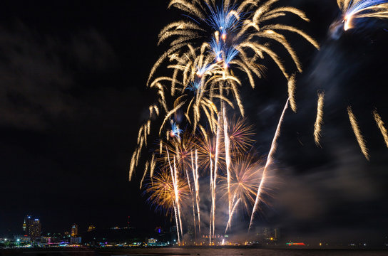 The showing of colorful firework in the international firework festival in Pattaya.