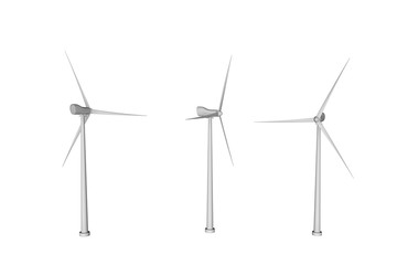 Three windmills with different rotation angles isolated on white background - wind power industrial illustration, 3D illustration