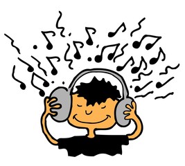 Funny cartoon teenager character listening to music with headphones