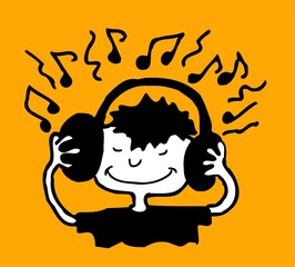 Funny cartoon teenager character with headphones listening to music 