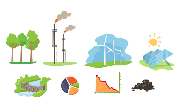 Electricity and energy sources set, wind, hydro, solar power generation facilities vector Illustration on a white background
