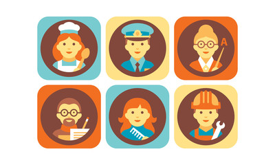 Profession icons set, chef cook, policeman, teacher, writer, hairdresser, builder working people vector Illustration on a white background