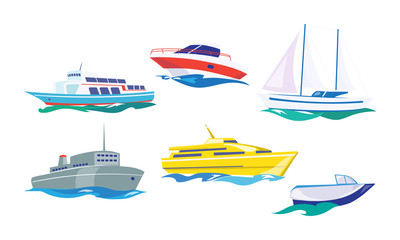 Water transport set, yacht, motorboat, steamship, fishing boat, ship vector Illustration on a white background