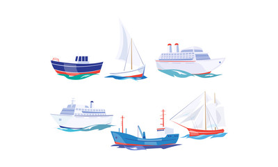 Water transport set, yacht, boat, cargo ship, steamship, fishing boat, cruise ship vector Illustration on a white background