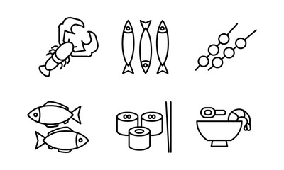 Japanese cuisine dishes set, Asian food black line icons vector Illustration on a white background