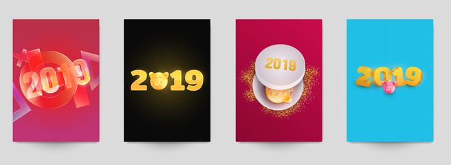 Happy new year design vector illustration concept. Set of minimalistic trendy background for branding banner, cover, poster, greeting card. Modern colorful number 2019.